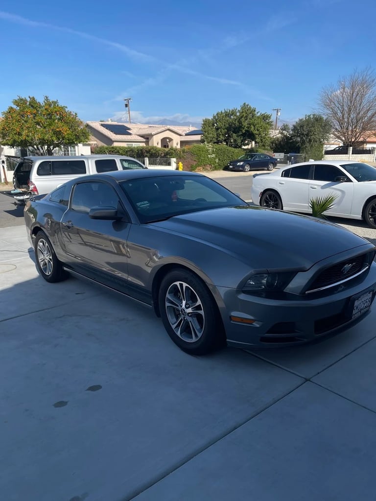 Gray Ford Mustang parked in a residential driveway on a sunny day with other vehicles and houses visible in the background