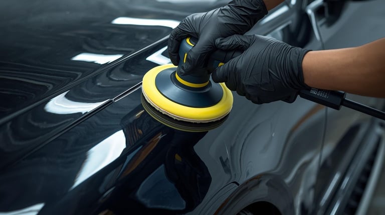 Person using a yellow and black orbital polisher on a dark car hood during detailing work