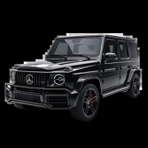 Black Mercedes-Benz G-Class SUV with angular design, featuring chrome accents and red brake calipers against a black background